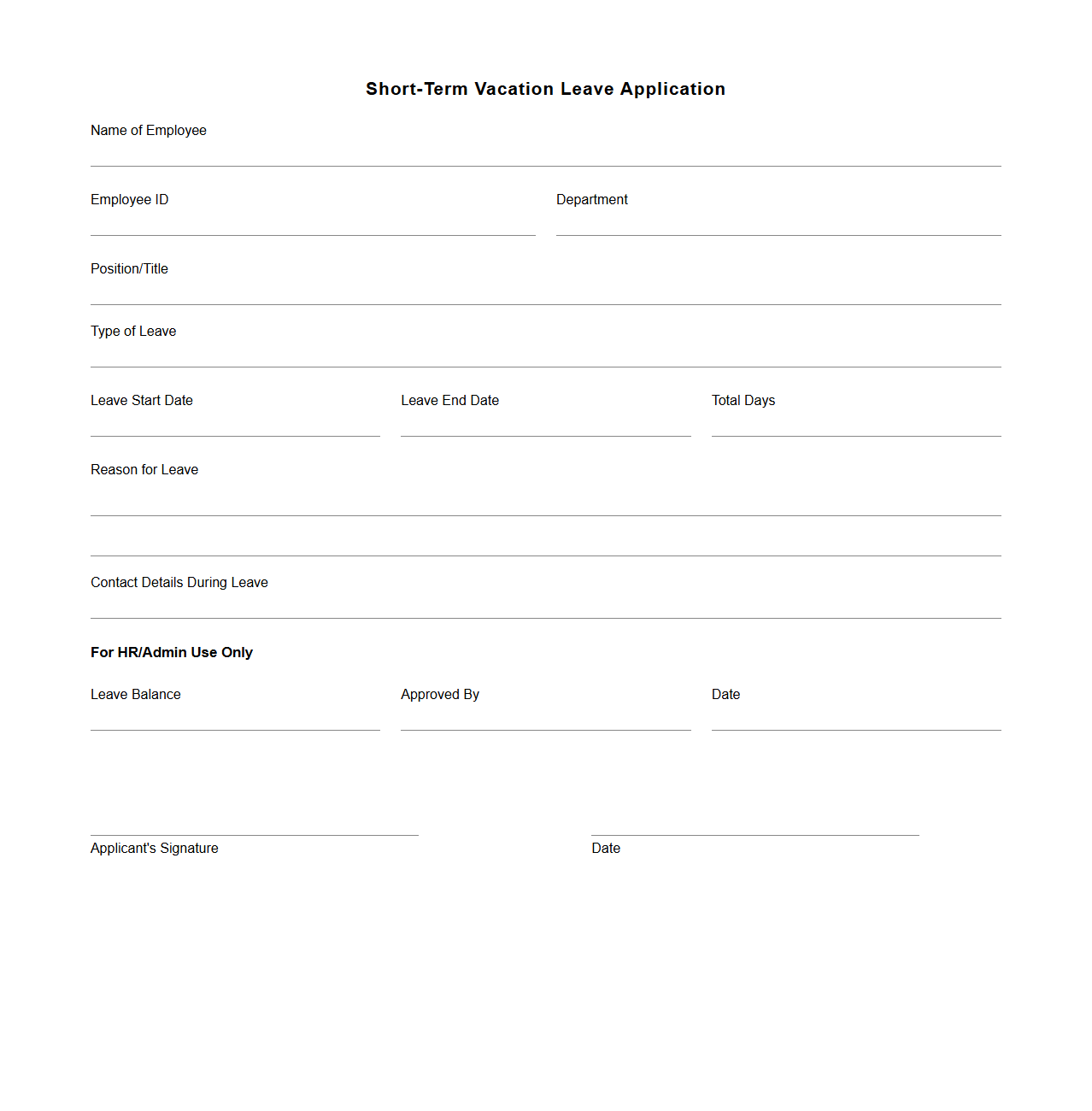 Short-Term Vacation Leave Application Document