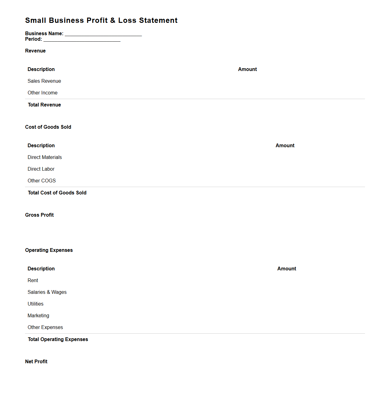 Simple Small Business P&L Statement Format