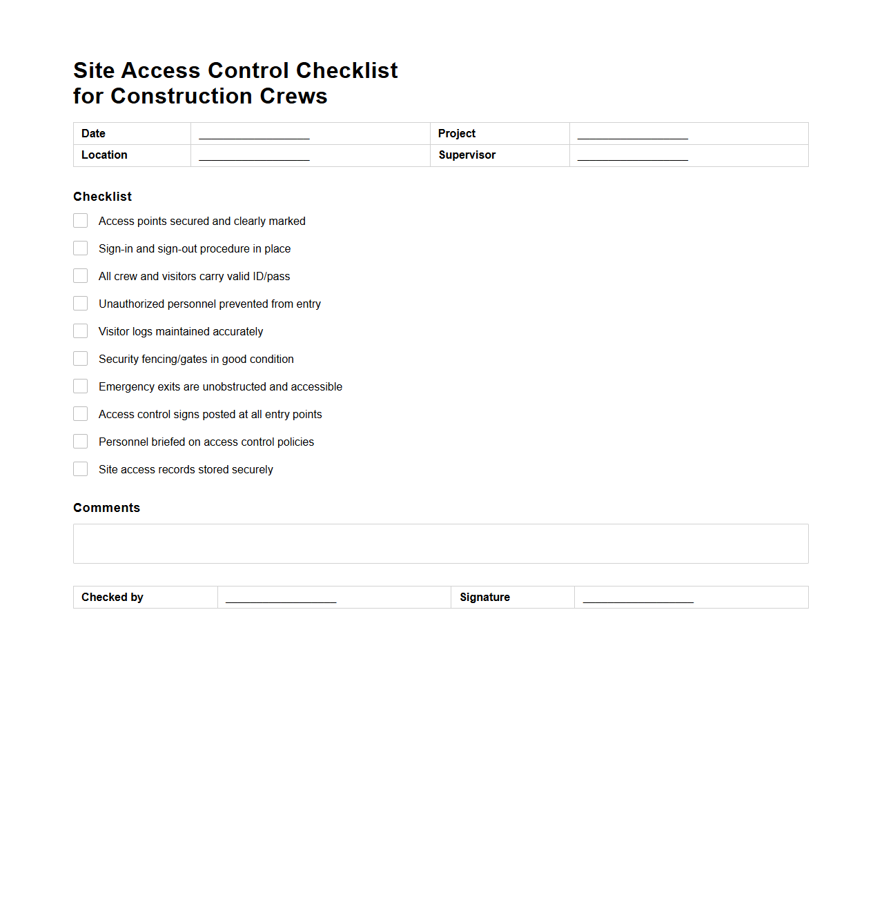 Site Access Control Checklist for Construction Crews