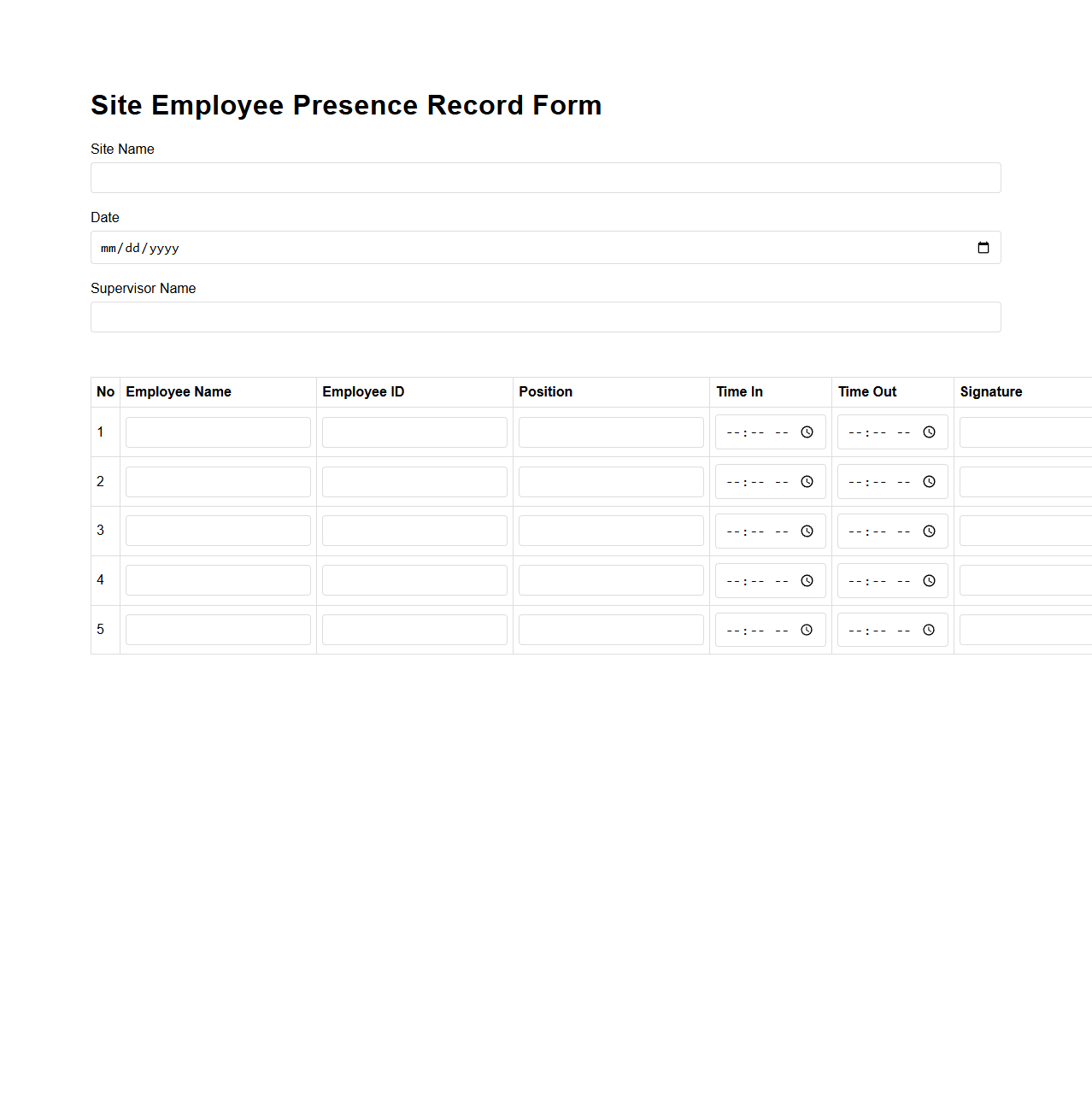 Site Employee Presence Record Form