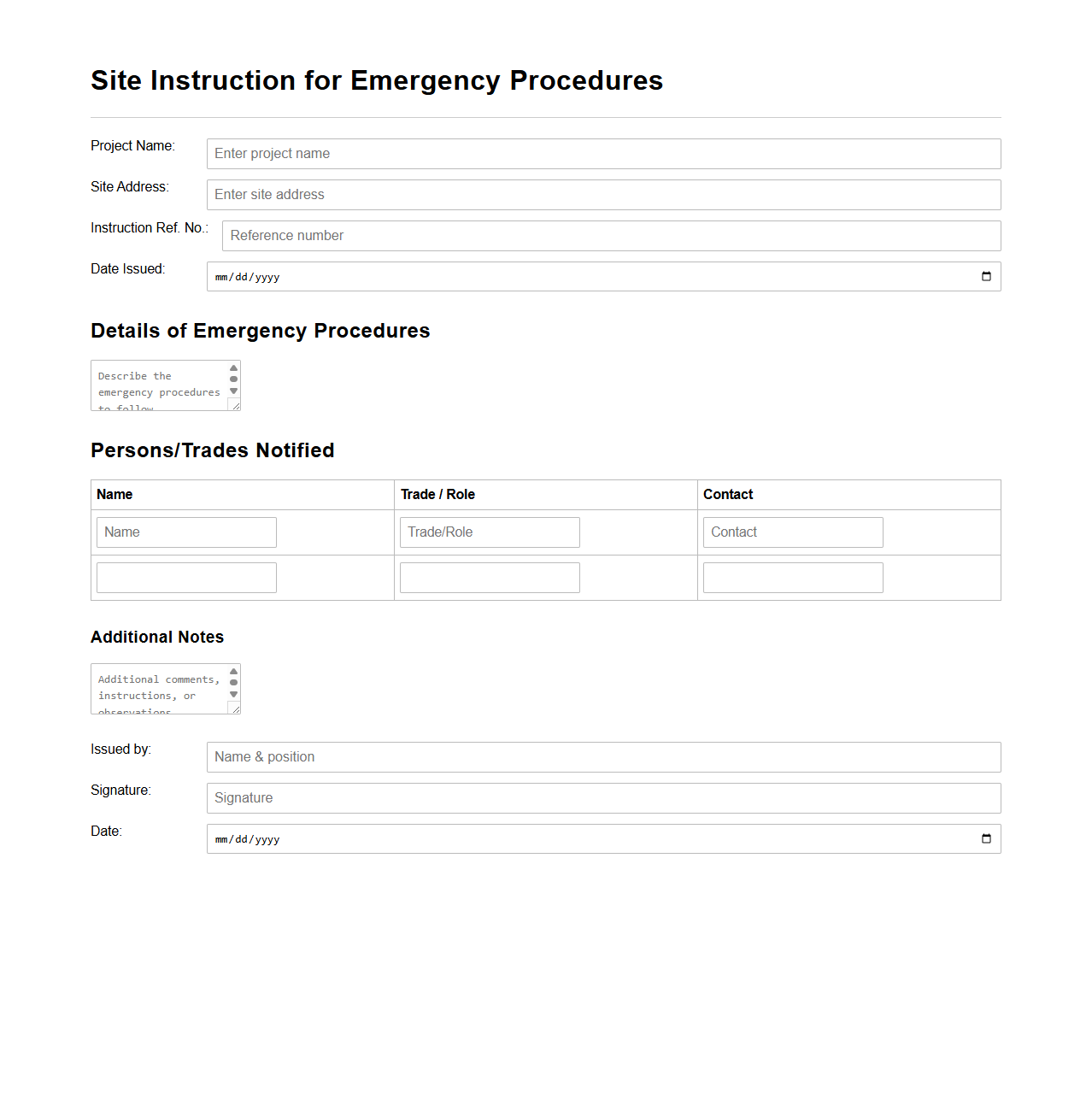Site Instruction for Emergency Procedures