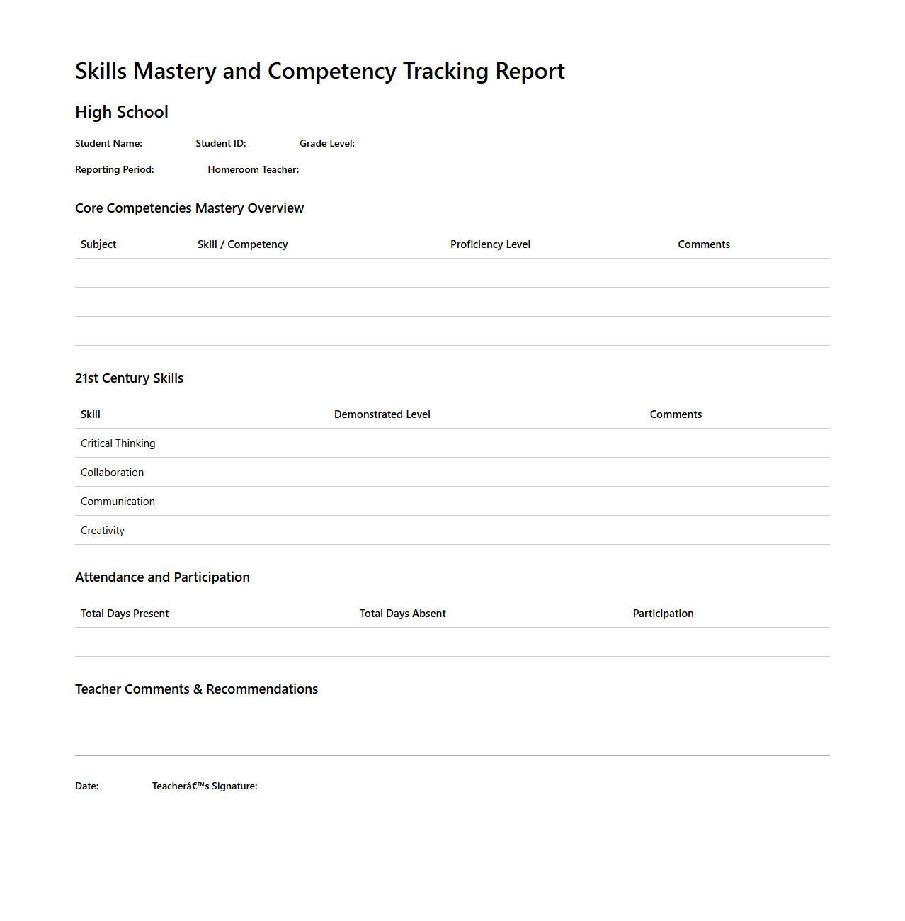 Skills Mastery and Competency Tracking Report for High School