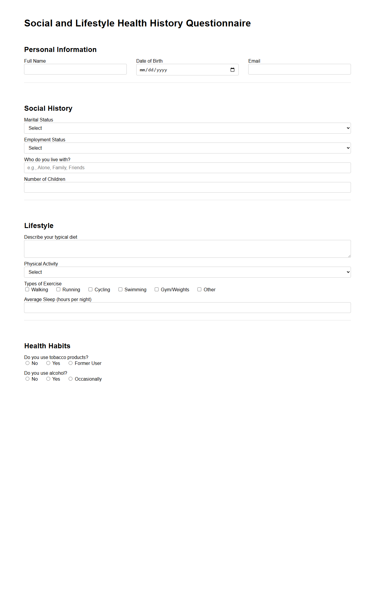 Social and Lifestyle Health History Questionnaire