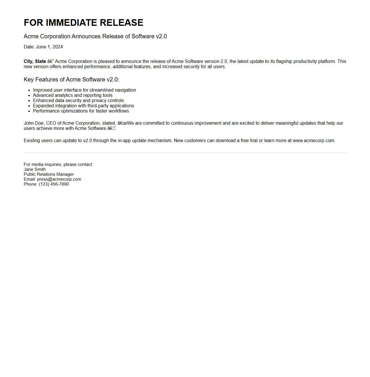 Software Update Announcement Press Release Sample