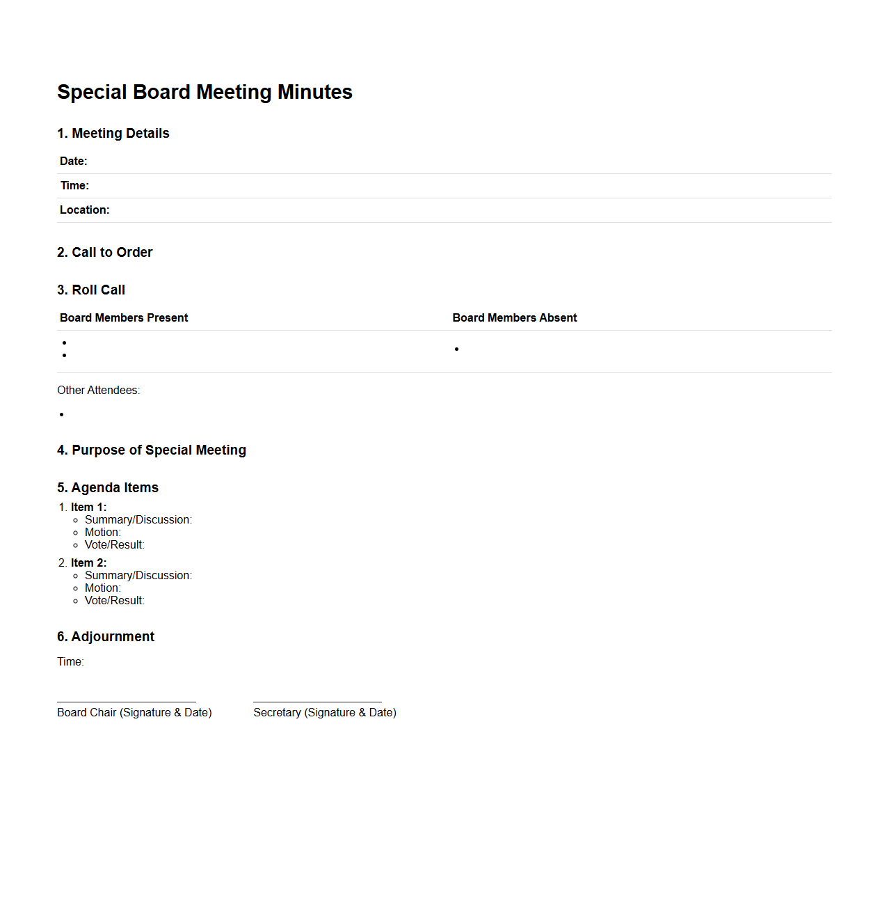 Special Board Meeting Minutes Structure