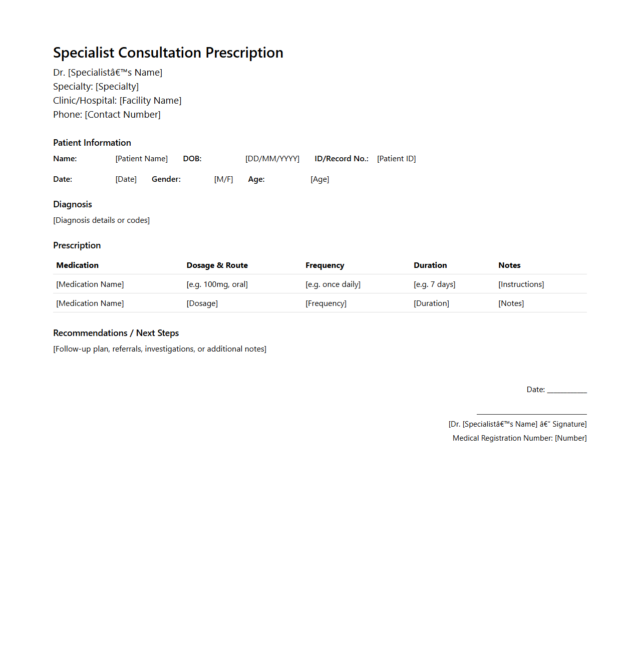 Specialist Consultation Prescription Example