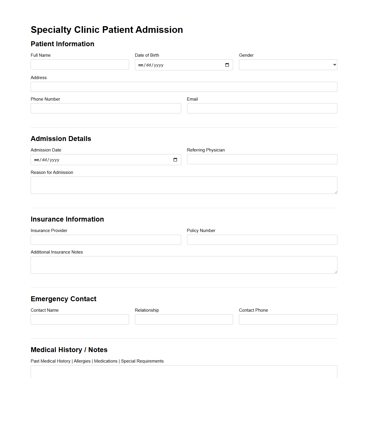 Specialty Clinic Patient Admission Template