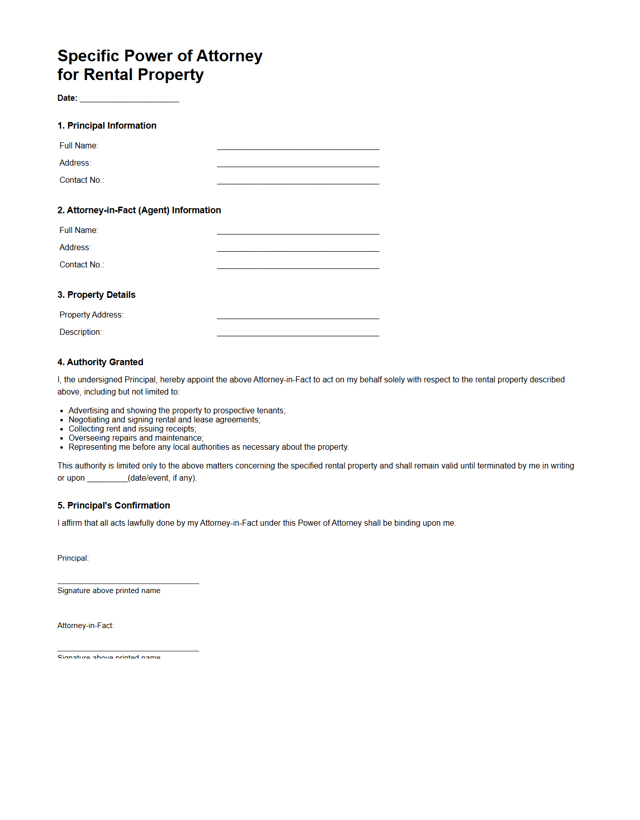 Specific Power of Attorney for Rental Property