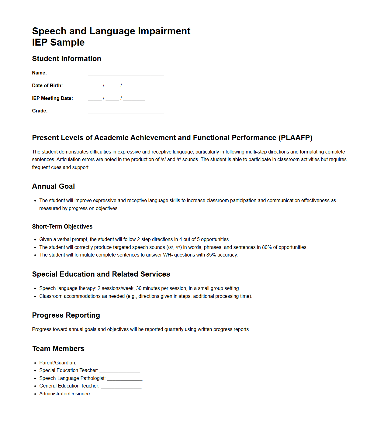 Speech and Language Impairment IEP Sample