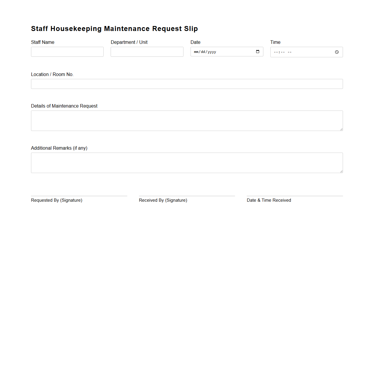 Staff Housekeeping Maintenance Request Slip