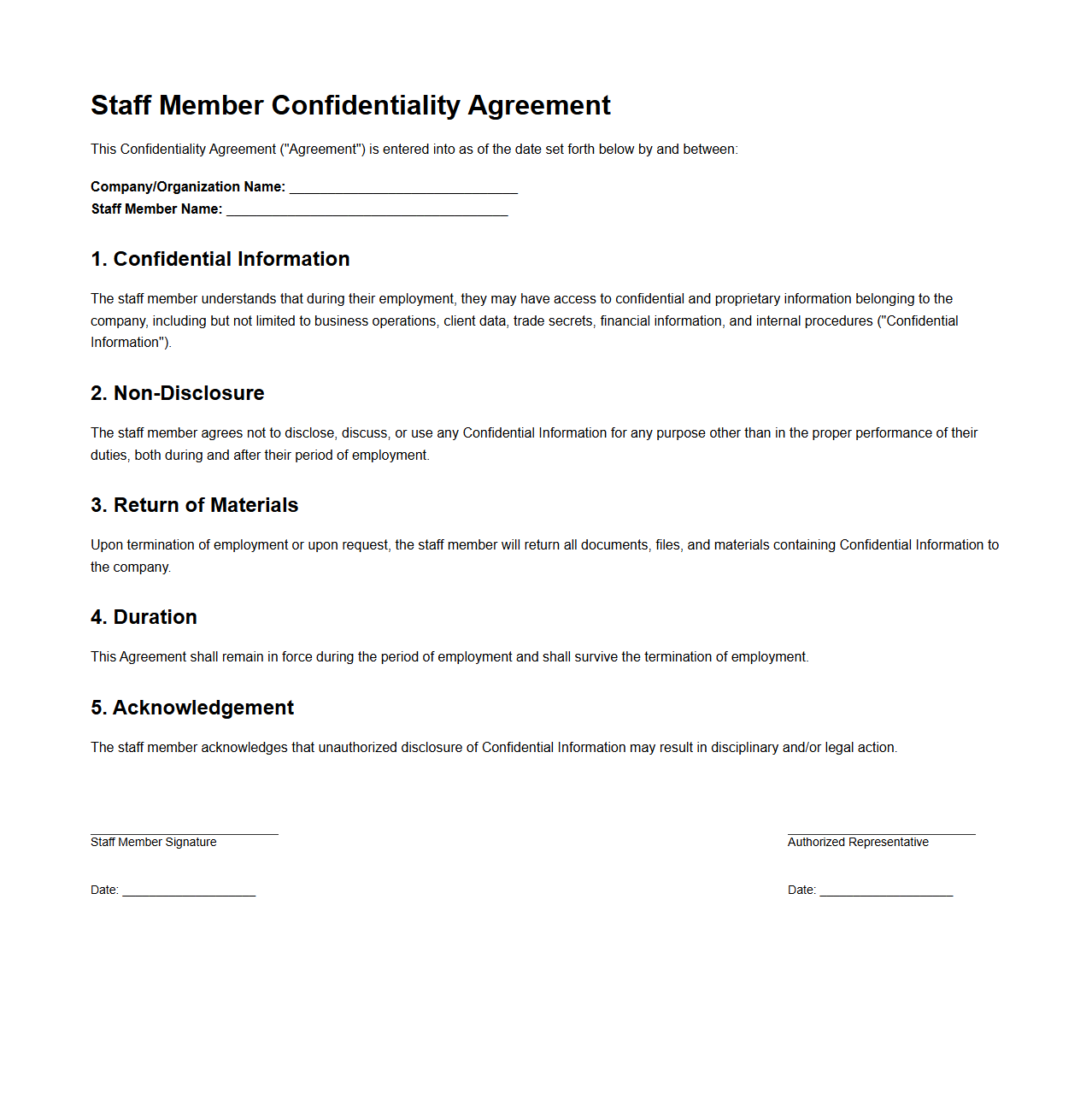 Staff Member Confidentiality Agreement Template