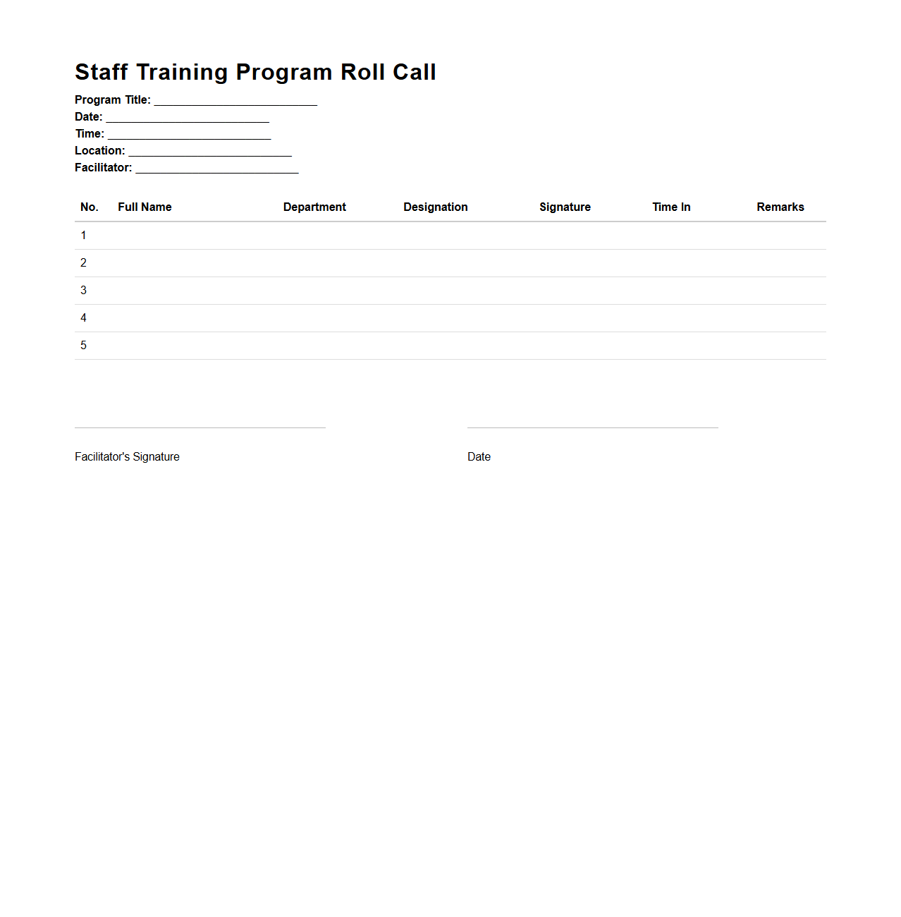 Staff Training Program Roll Call Sample