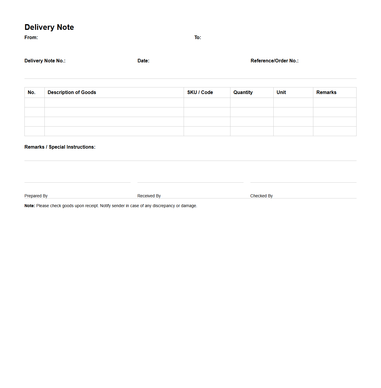 Standard Delivery Note Template for Local Shipments