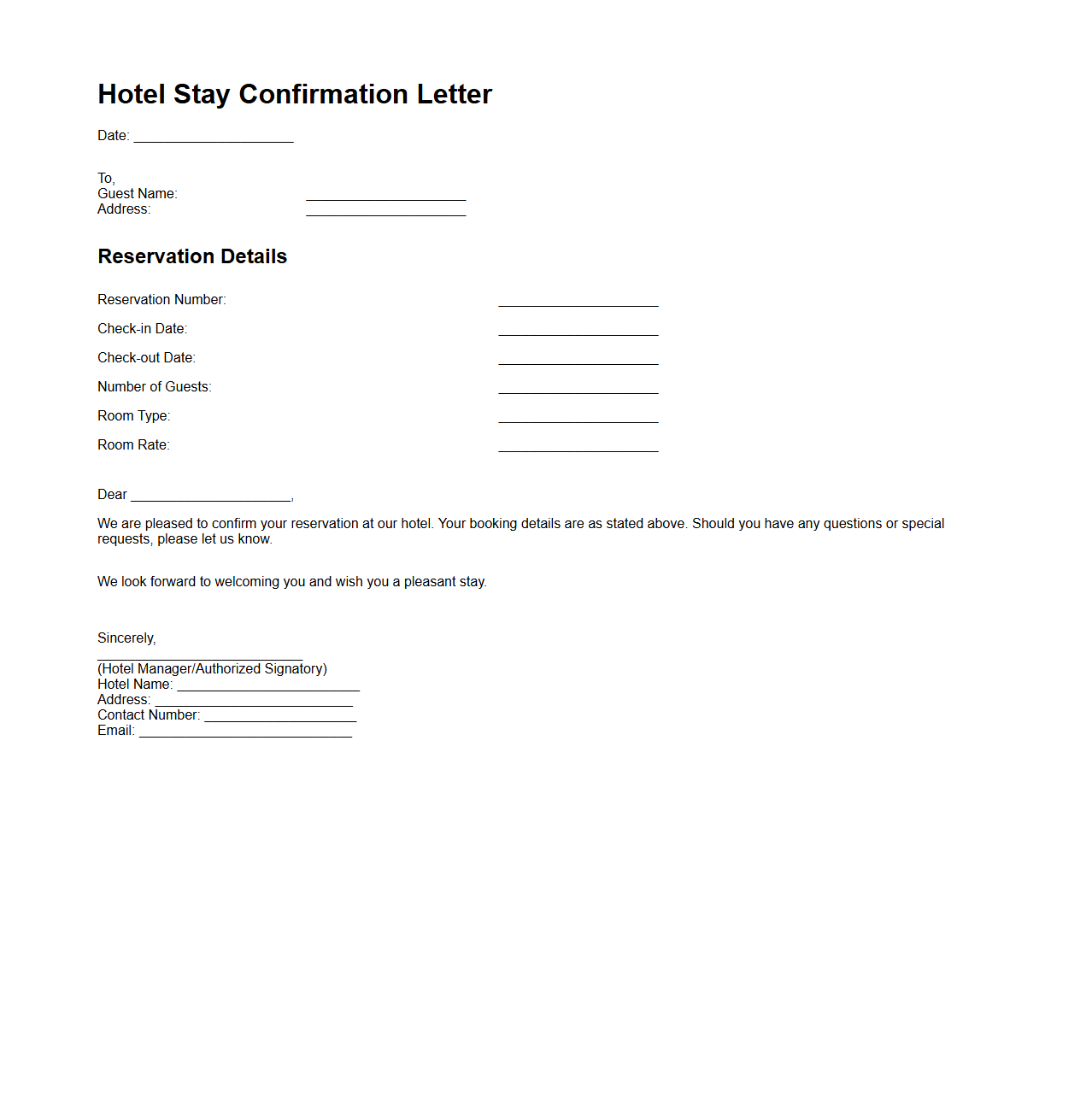 Standard Hotel Stay Confirmation Letter Sample