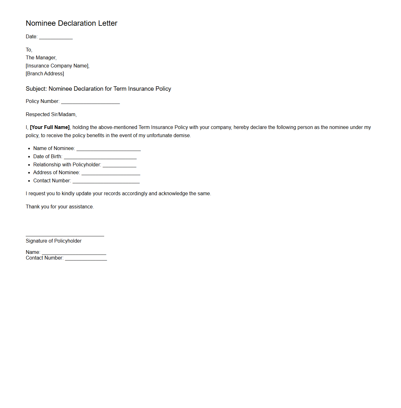 Standard Nominee Declaration Letter for Term Insurance