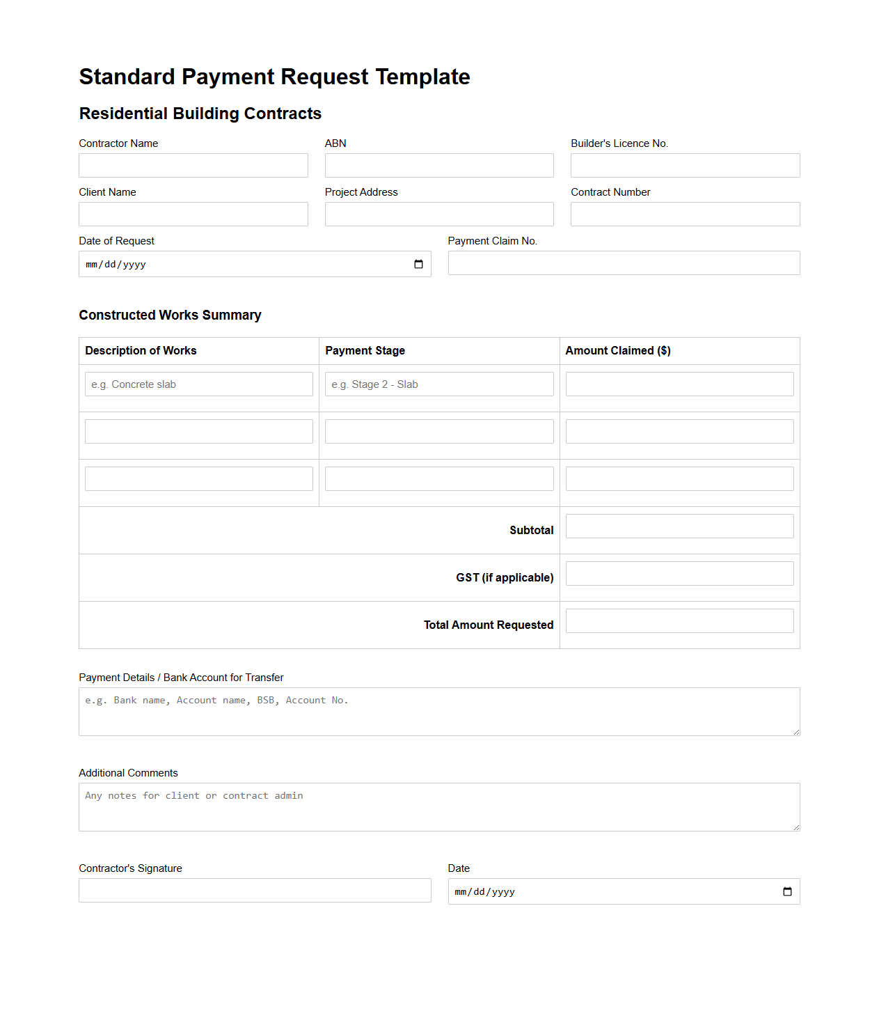 Standard Payment Request Template for Residential Building Contracts