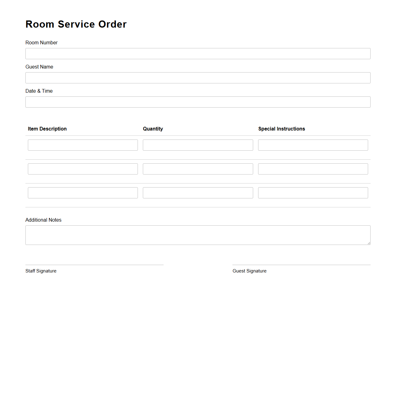Standard Room Service Order Template
