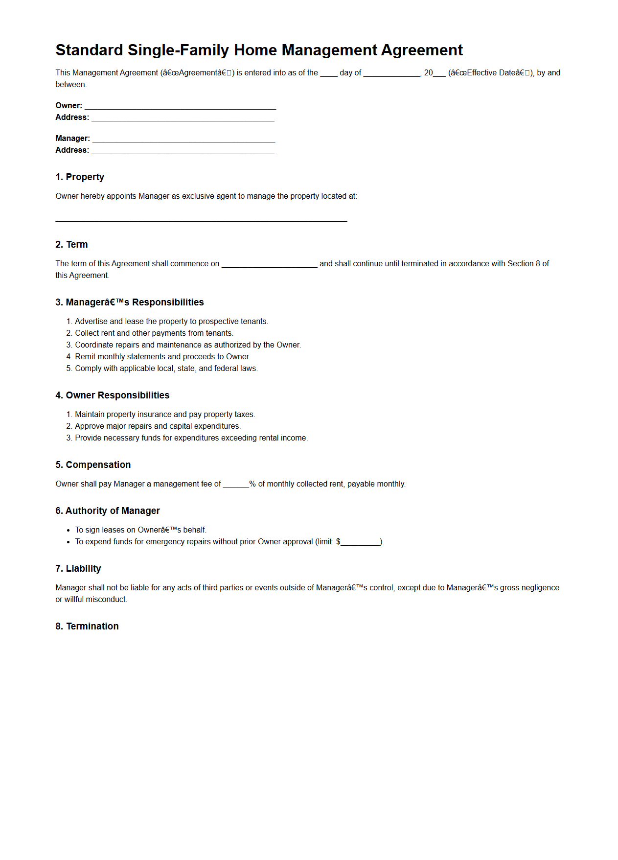 Standard Single-Family Home Management Agreement Draft