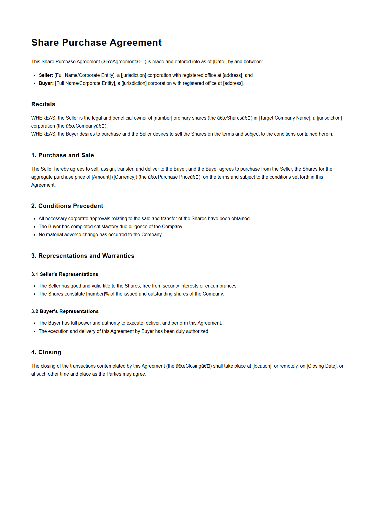 Standard SPA Document for Corporate Share Transactions
