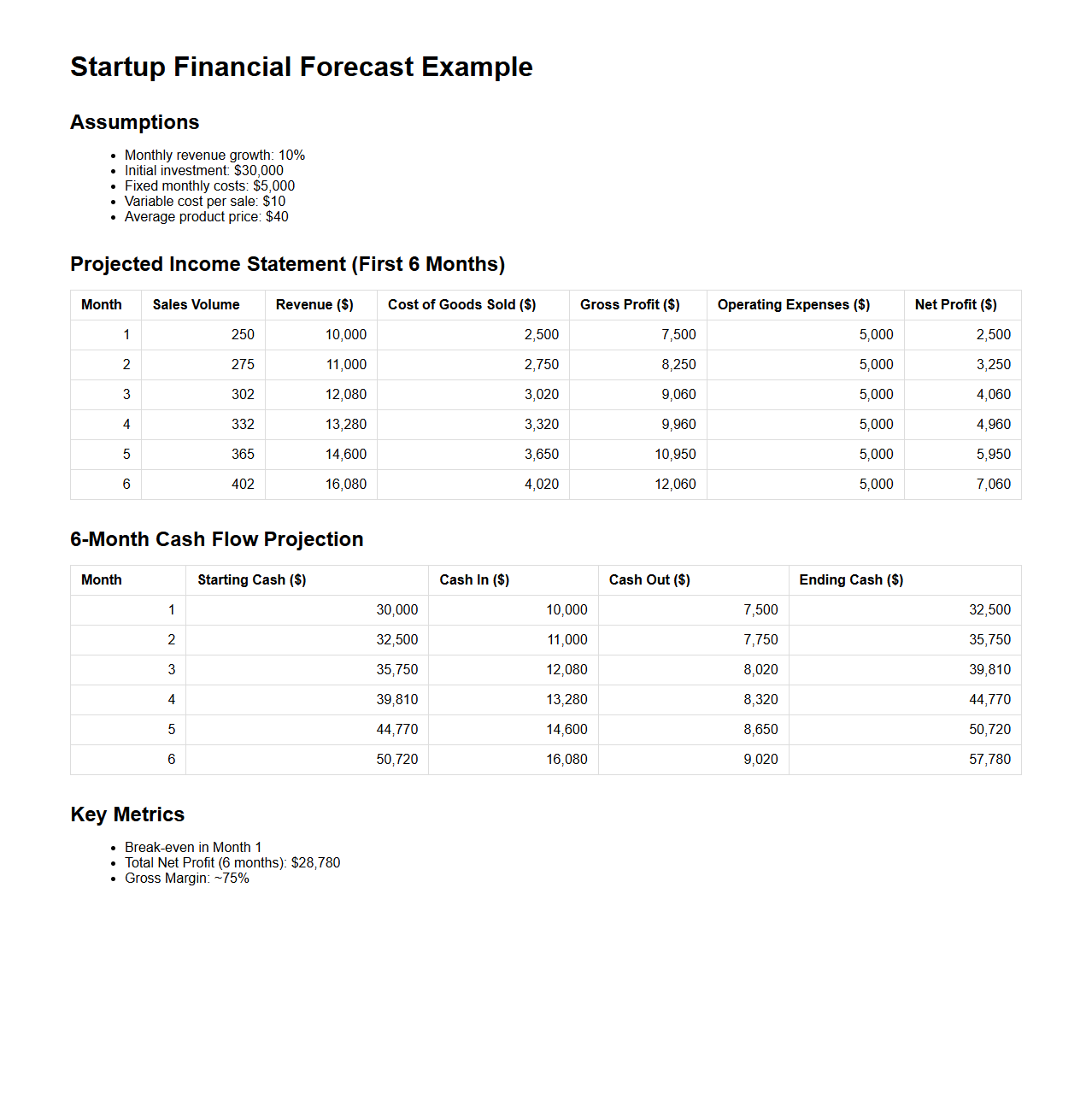 Startup Financial Forecast Example for New Businesses