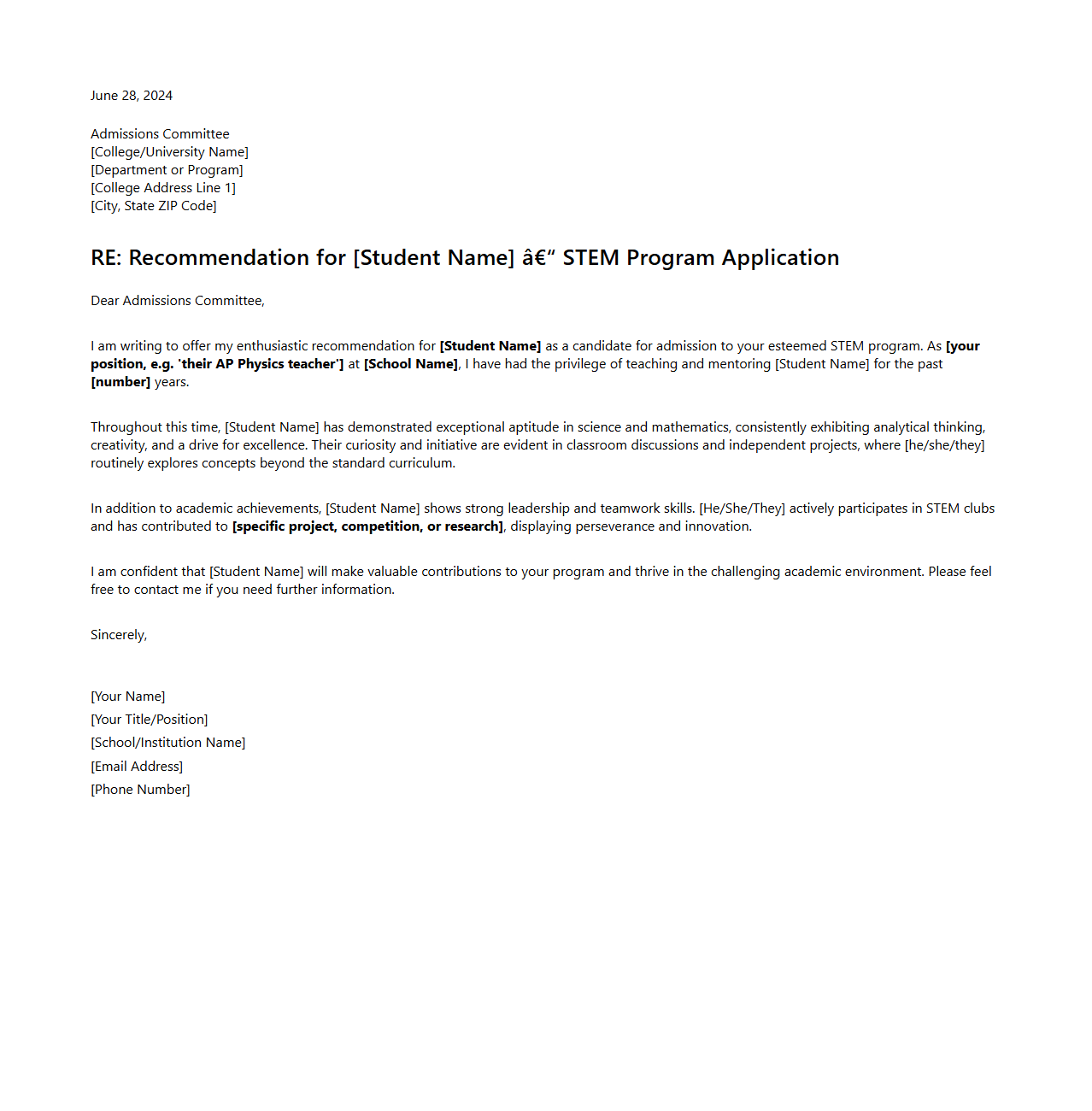 STEM Program College Recommendation Letter Sample