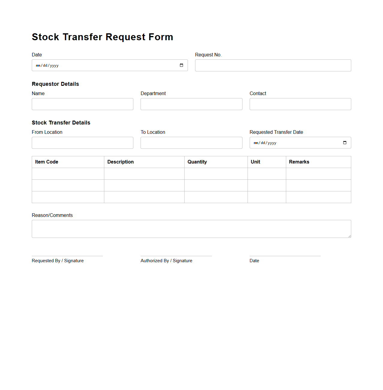 Stock Transfer Request Form Template