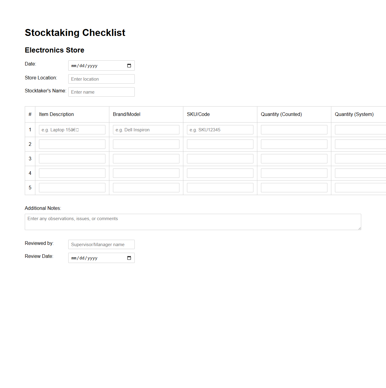 Stocktaking Checklist for Electronics Stores