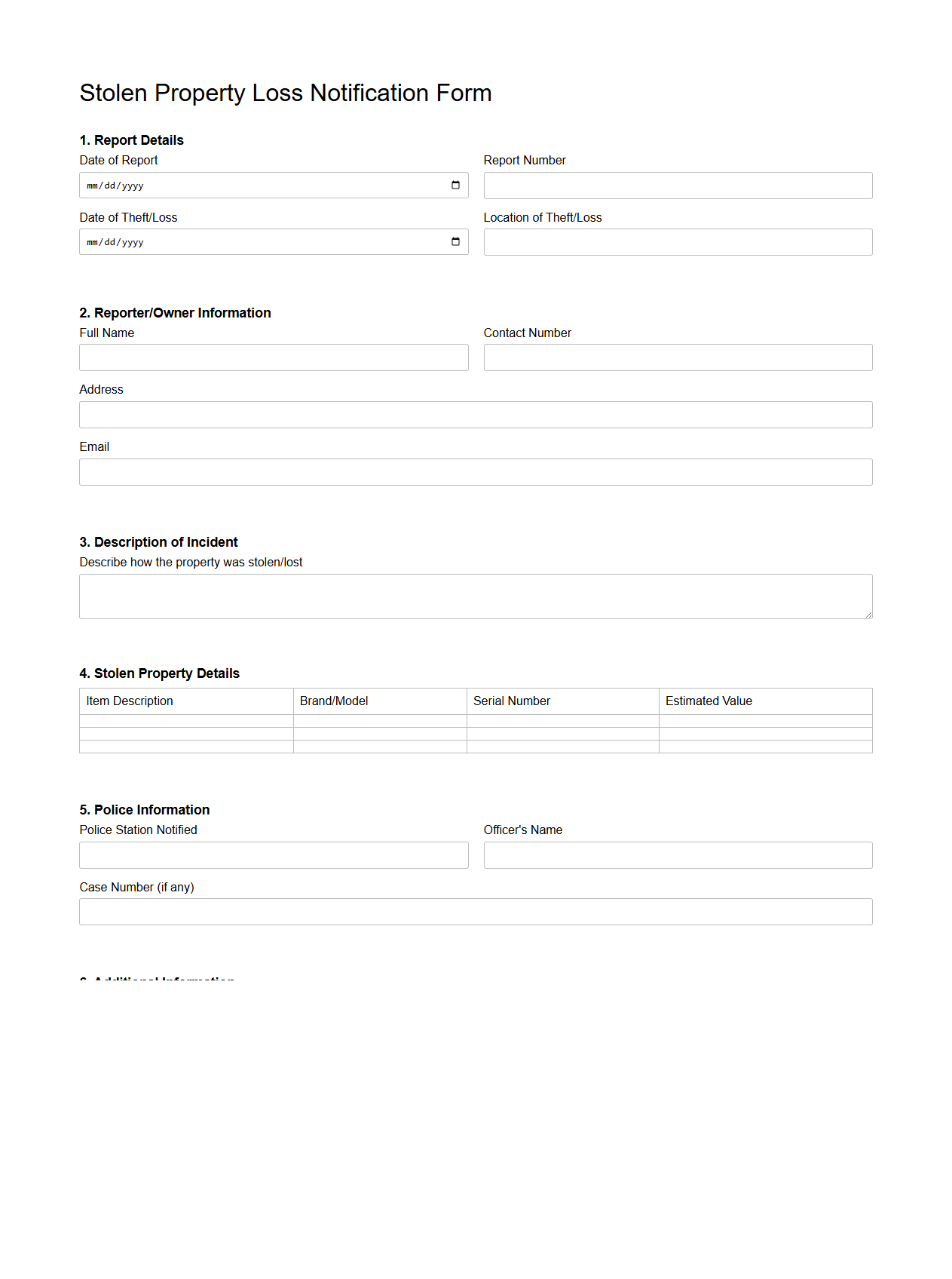 Stolen Property Loss Notification Form