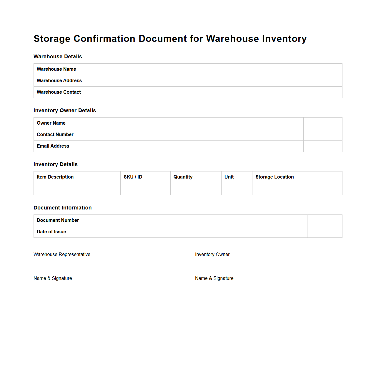 Storage Confirmation Document for Warehouse Inventory
