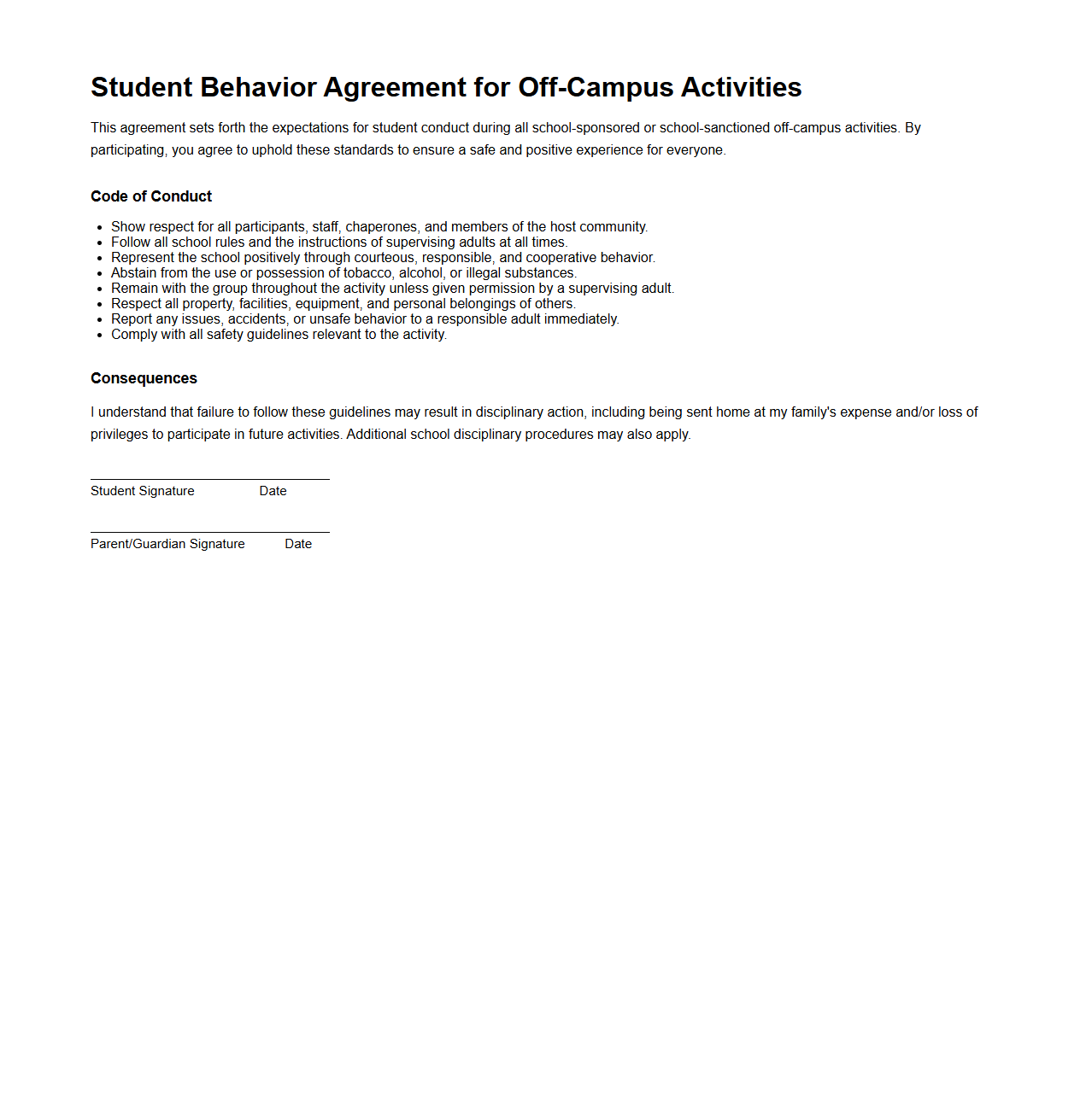 Student Behavior Agreement for Off-Campus Activities