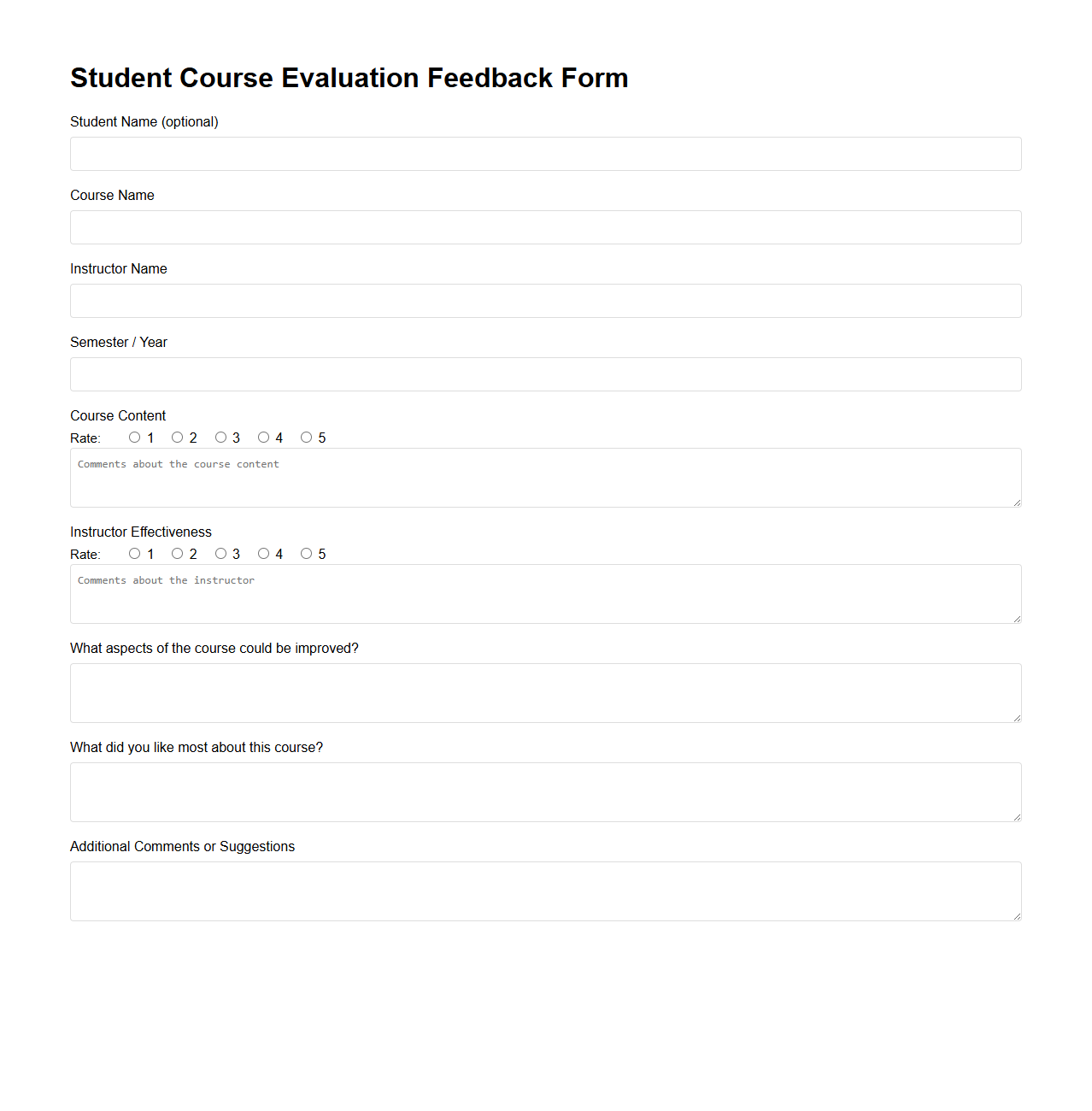 Student Course Evaluation Feedback Form Template