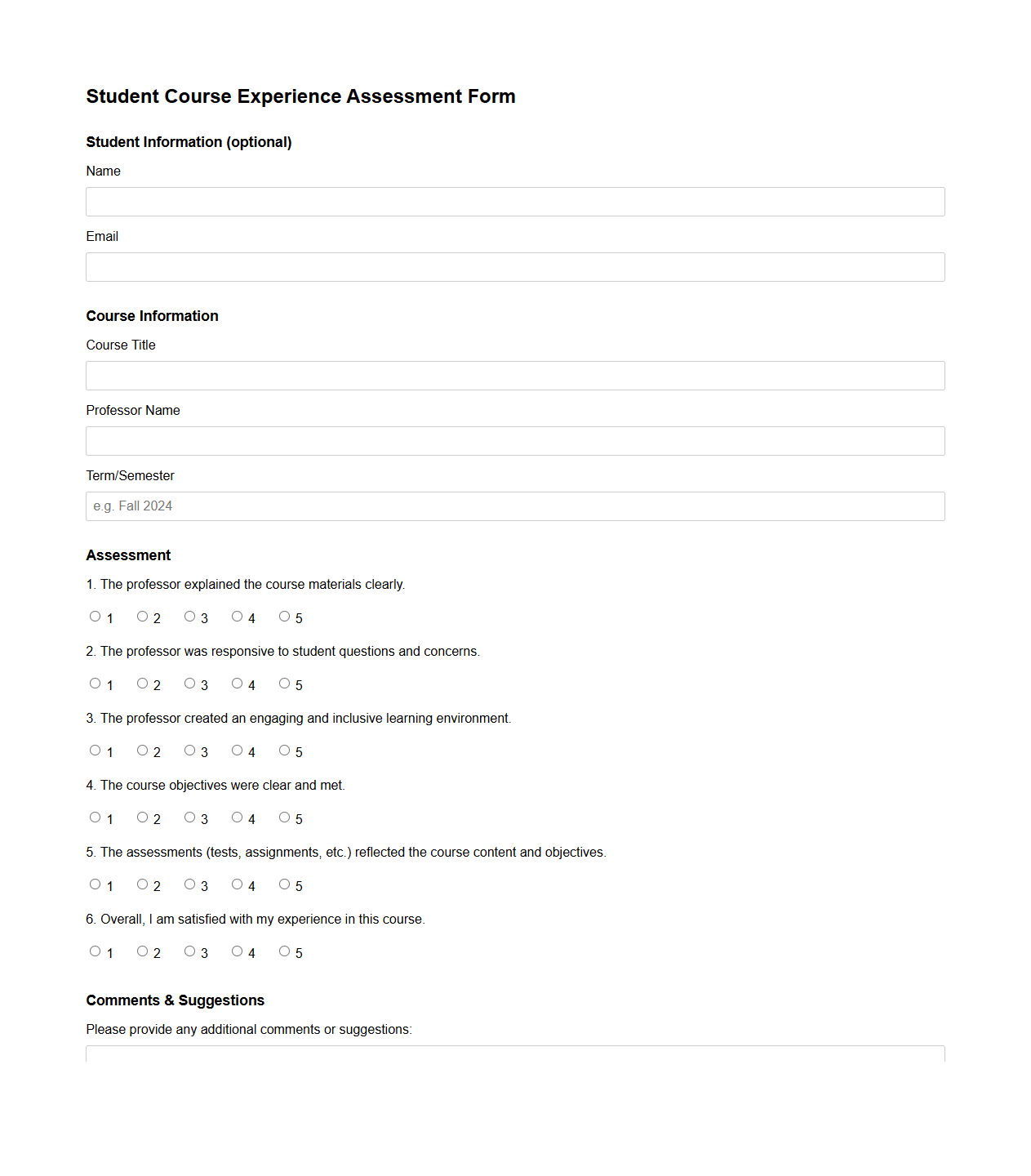 Student Course Experience Assessment Form for Professors