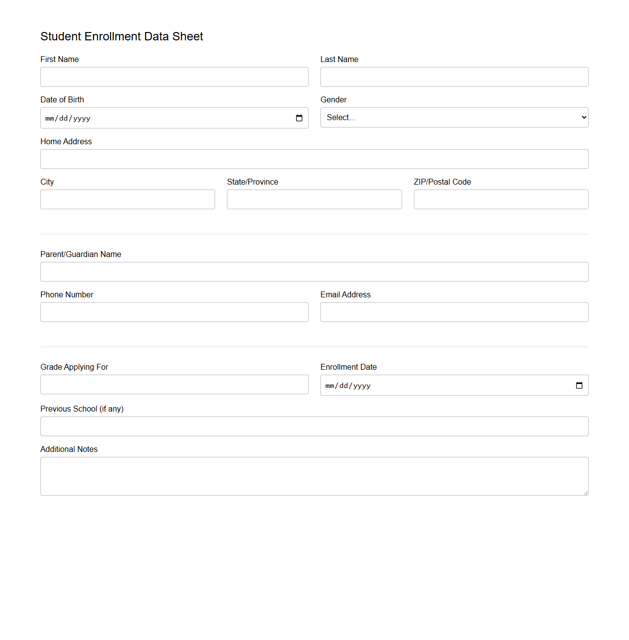 Student Enrollment Data Sheet
