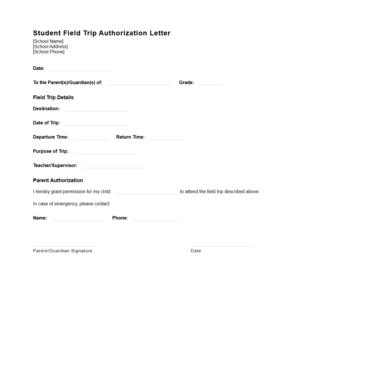 Student Field Trip Authorization Letter