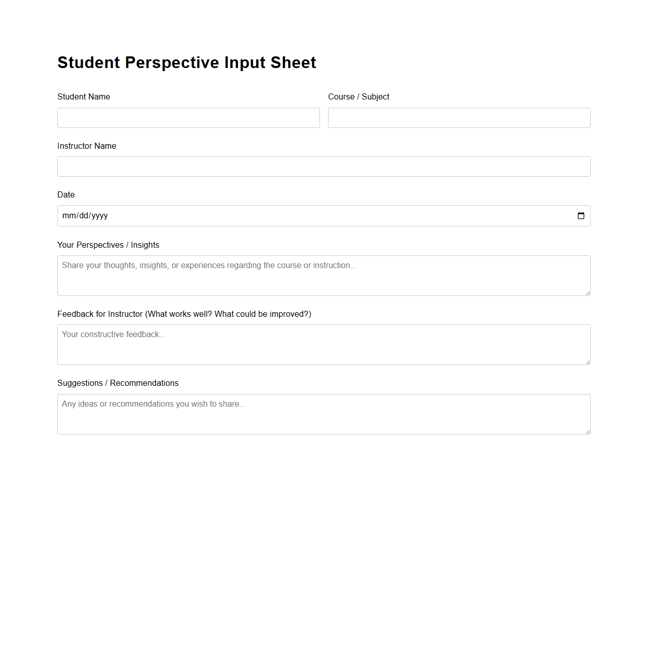 Student Perspective Input Sheet for Instructors