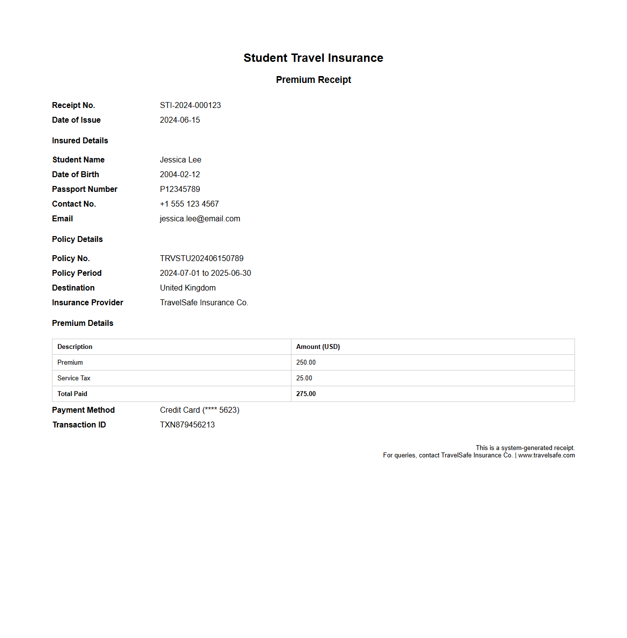 Student Travel Insurance Premium Receipt Sample