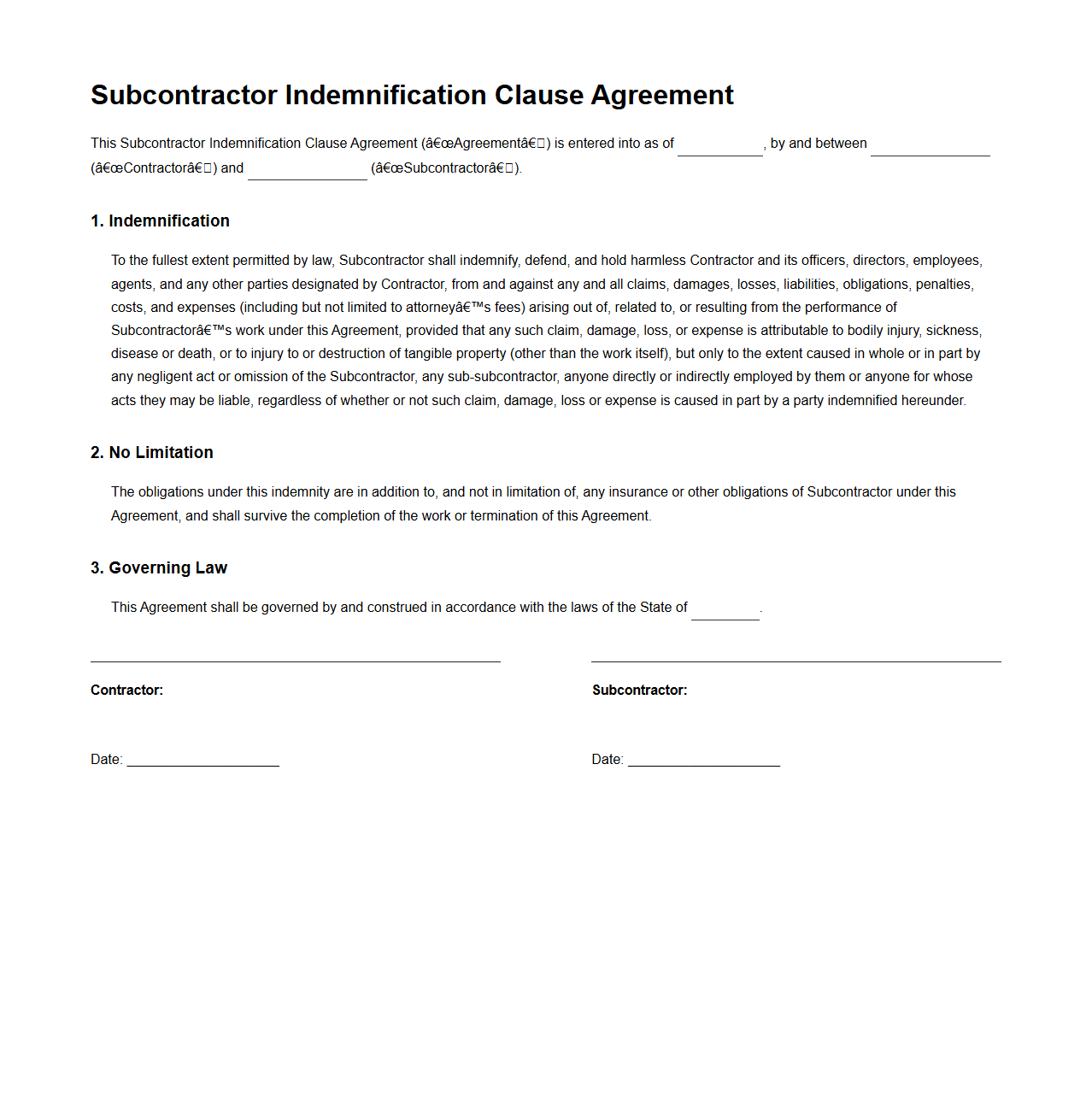 Subcontractor Indemnification Clause Agreement Sample