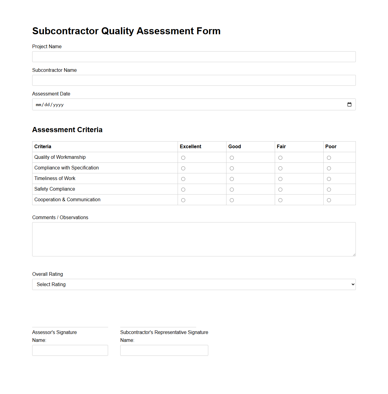 Subcontractor Quality Assessment Form