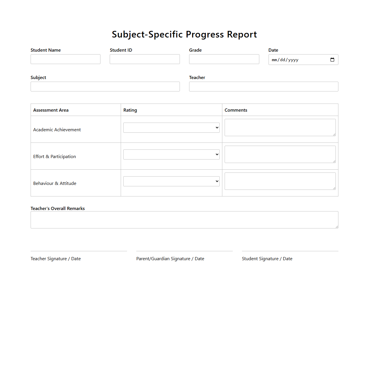 Subject-Specific Progress Report Form for Secondary Students
