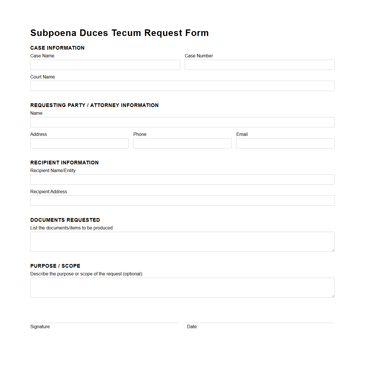 Subpoena Duces Tecum Request Form