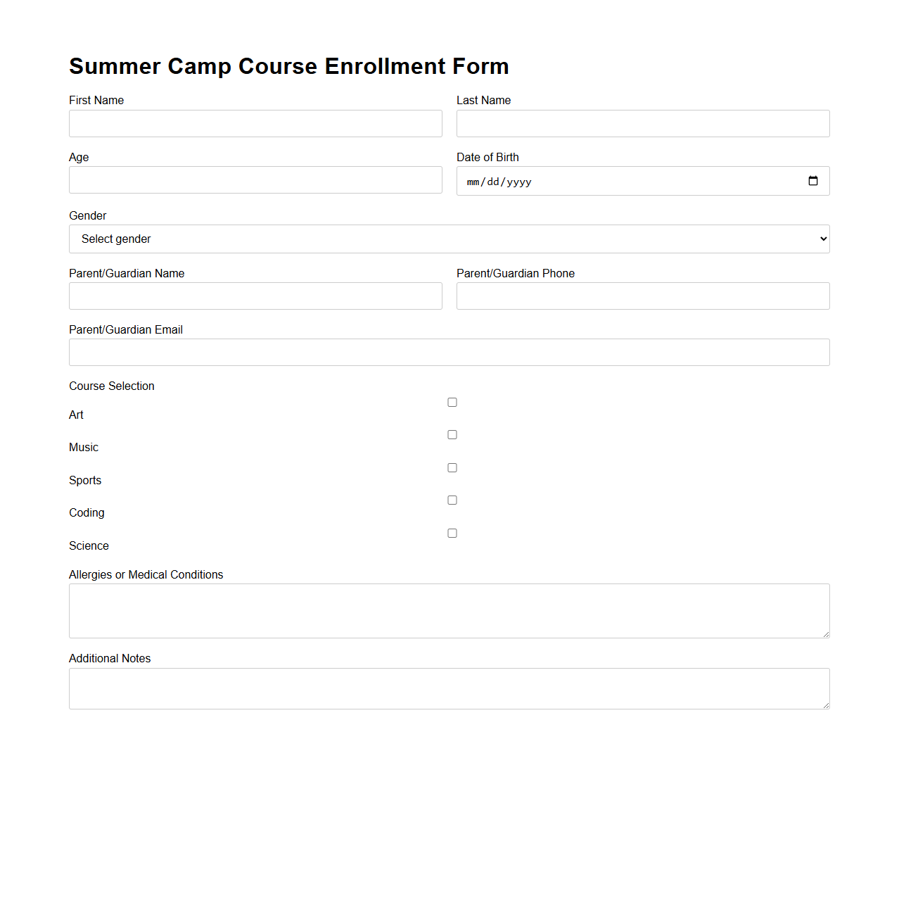 Summer Camp Course Enrollment Form