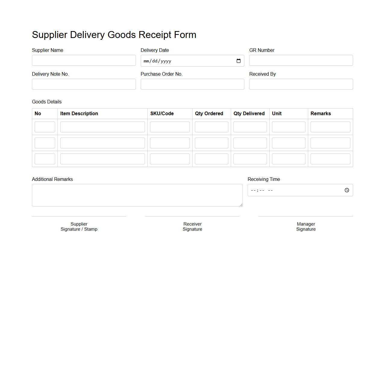 Supplier Delivery Goods Receipt Form for Retail