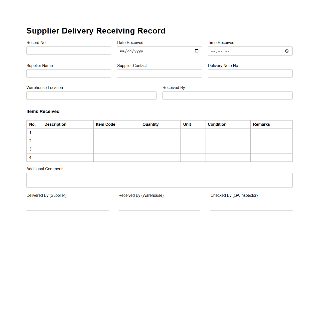 Supplier Delivery Receiving Record for Warehouses