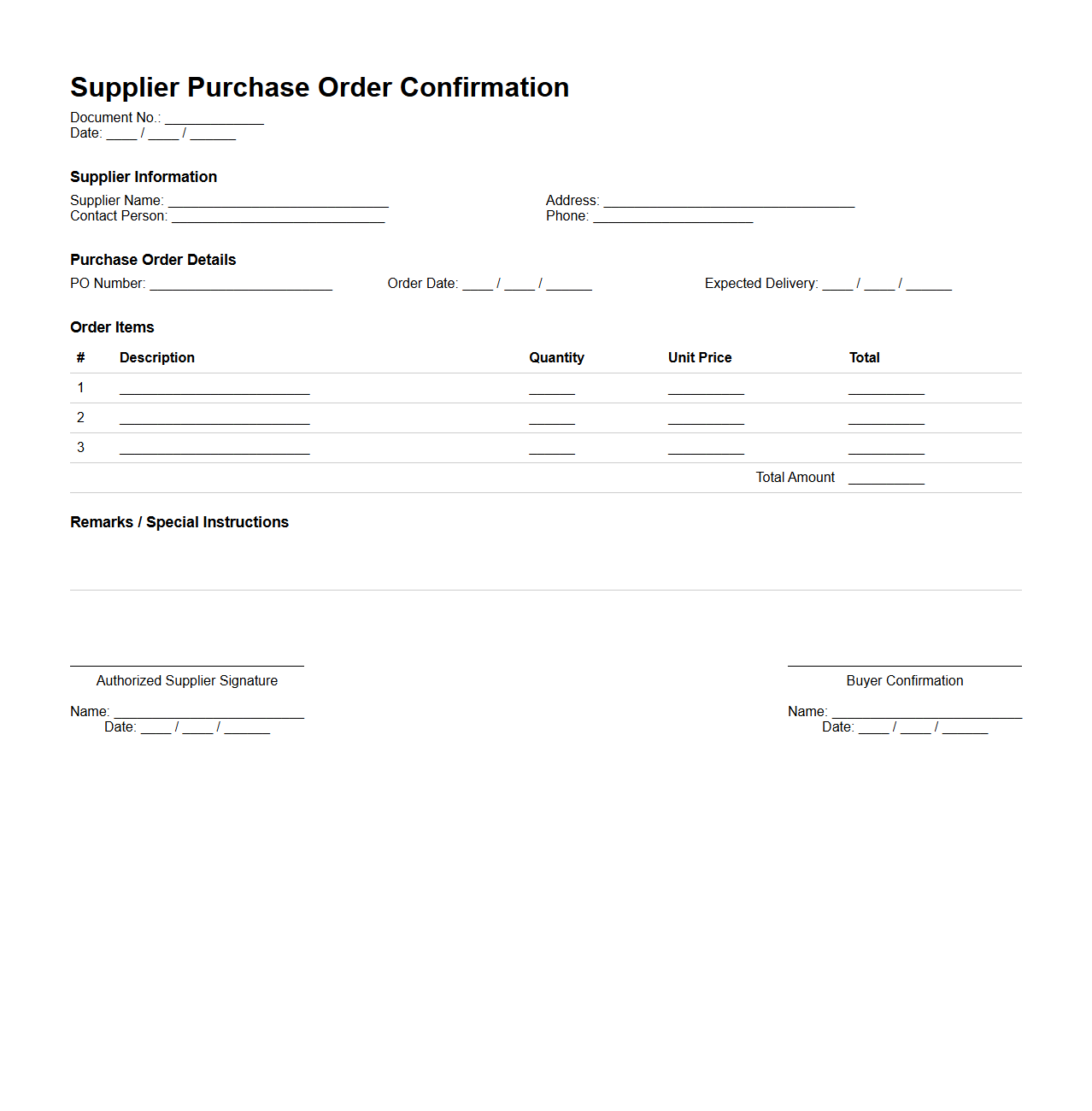 Supplier Purchase Order Confirmation Document