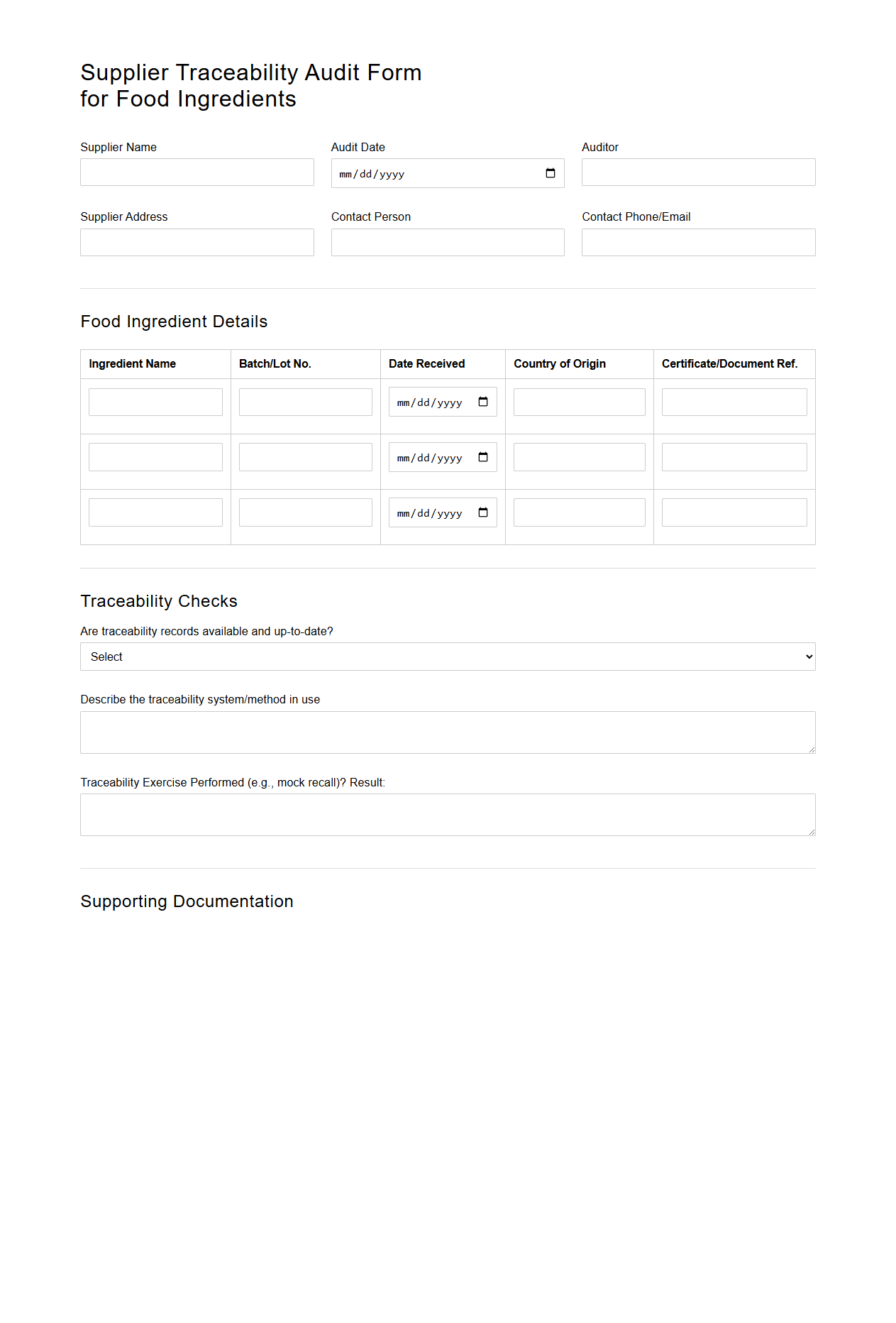 Supplier Traceability Audit Form for Food Ingredients