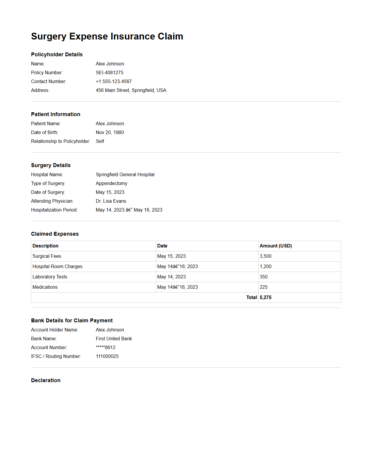 Surgery Expense Insurance Claim Example