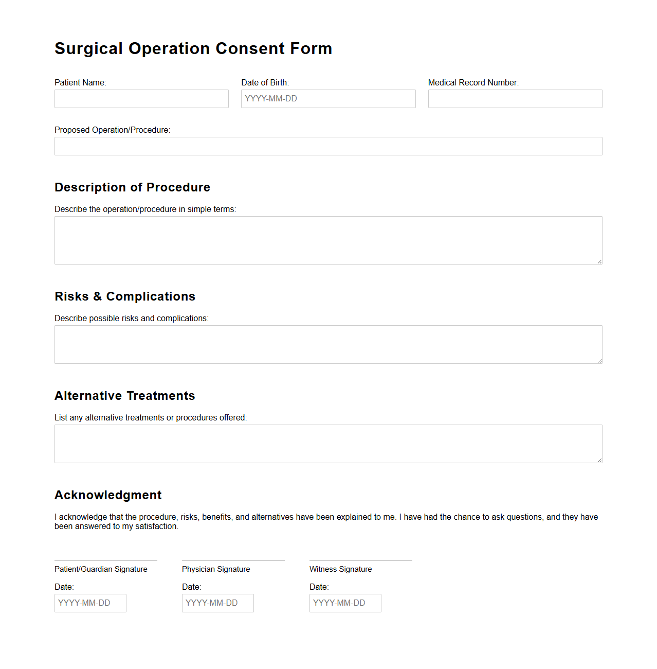 Surgical Operation Consent Form Example
