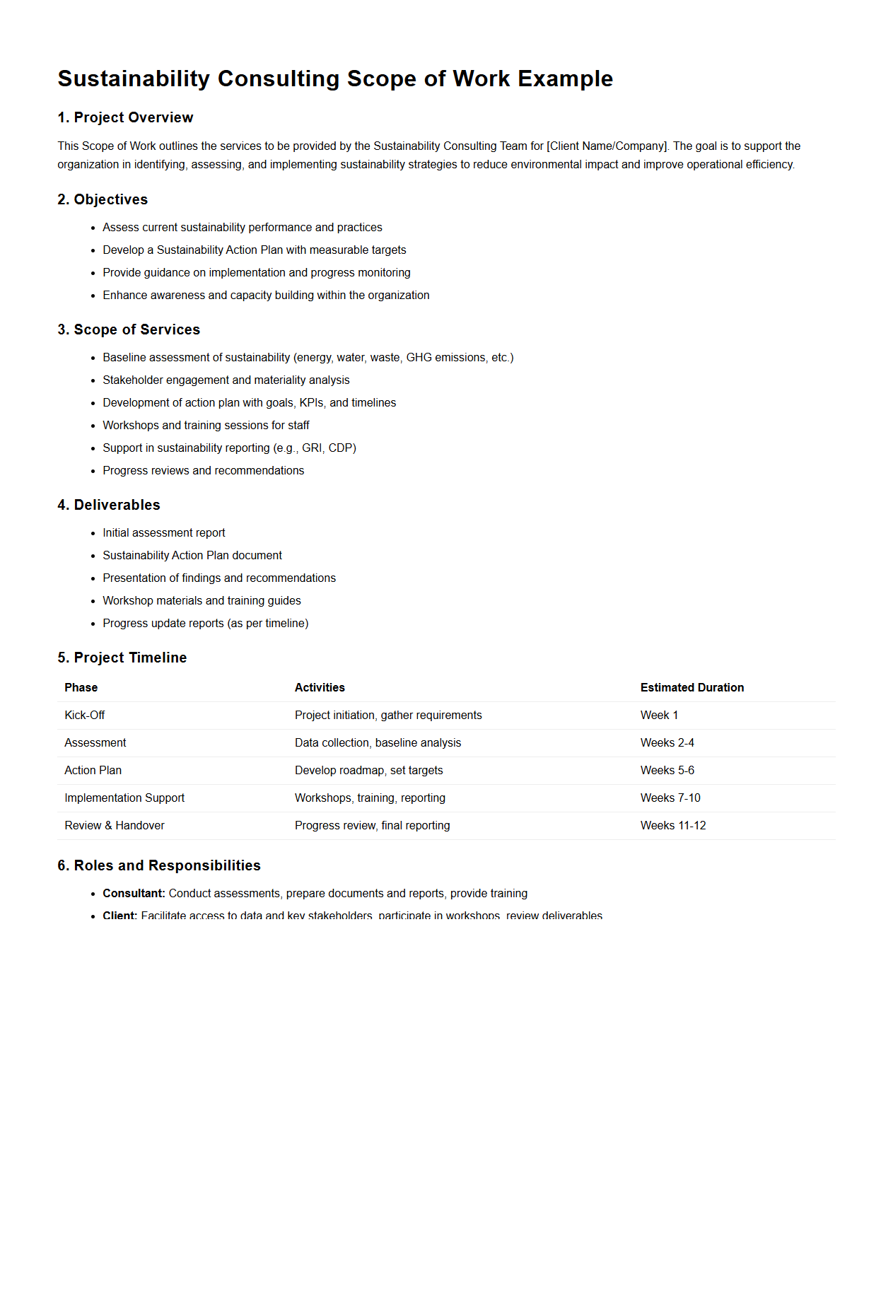 Sustainability Consulting Scope of Work Example