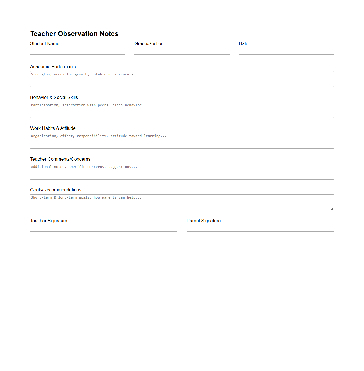 Teacher Observation Notes Format for Parent-Teacher Conference