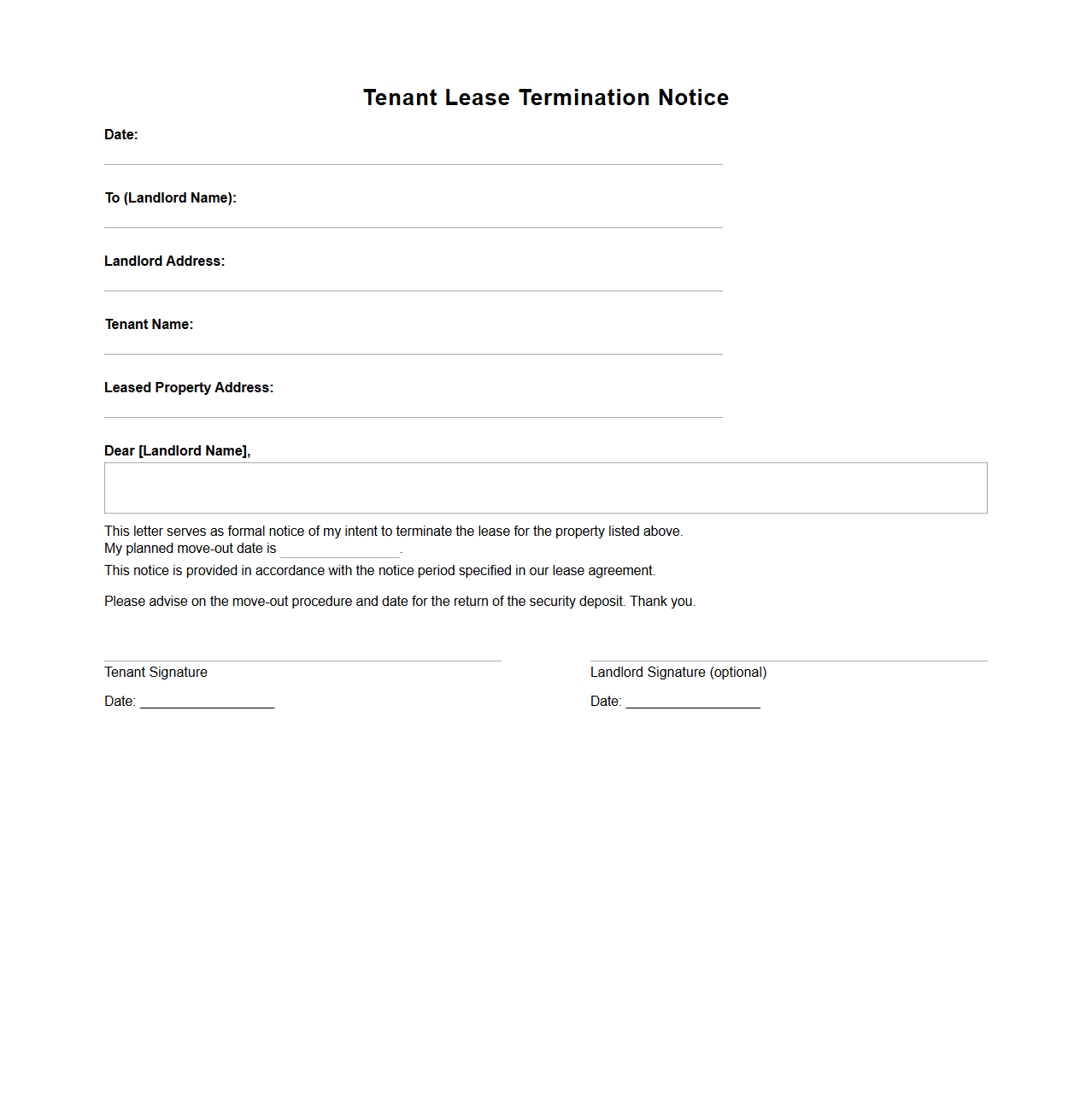 Tenant Lease Termination Notice Template